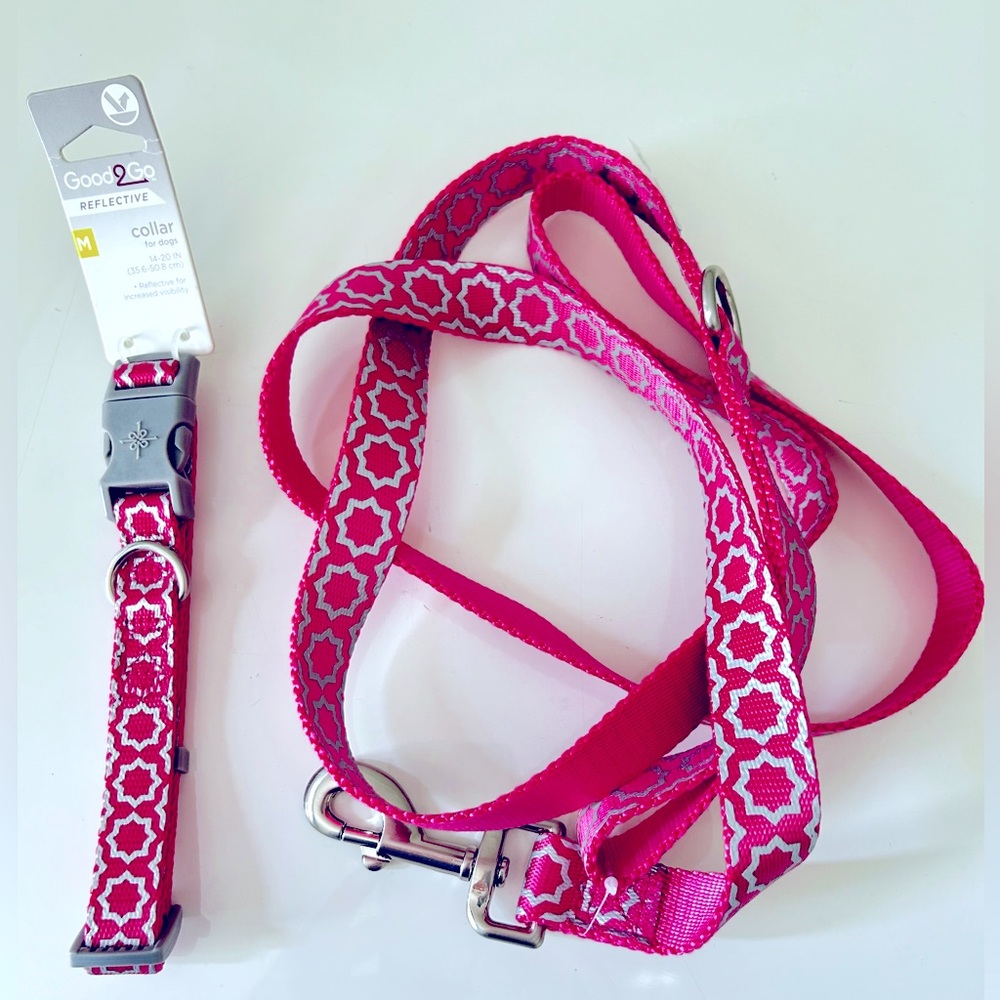 NWT collar and leash set. Good 2 Go reflective in pink diamond pattern for dogs
